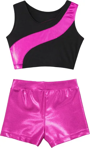 Vista 4 de Conjunto deportivo de 2 piezas para niñas, camiseta sin mangas brillante con pantalones cortos, para gimnasio, deportes, leotardo, entrenamiento