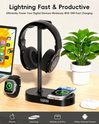 Vista 3 de COZOO Soporte para auriculares con almohadilla de carga inalámbrica rápida y 2 puertos de carga USB, adecuado para juegos, DJ, accesorios
