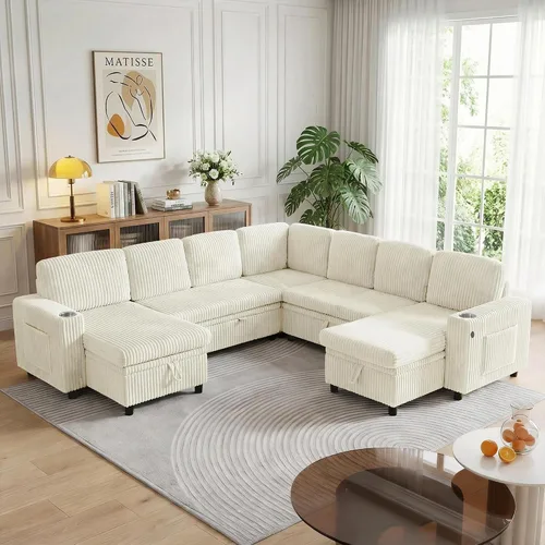 Vista 10 de Sofá cama modular de 103.5 pulgadas con cama extraíble, sofá de gran tamaño con almacenamiento, sofá modular para sala de estar, color beige Negro