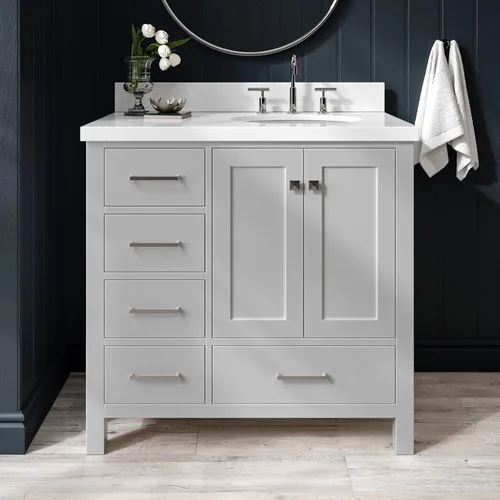 Vista 28 de ARIEL Cambridge tocador de baño con fregadero, madera maciza, encimera y protector contra salpicaduras de cuarzo blanco puro de 1.5 pulgadas