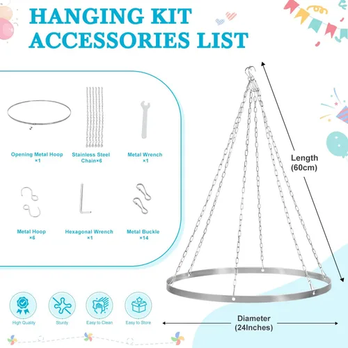 Vista 3 de Kit de cortinas de techo para colgar, kit de cortina de techo de metal plateado, kit de accesorios redondos de 24 pulgadas para techo