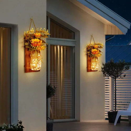 Vista 3 de OurWarm Juego de dos apliques de pared de girasol, apliques de tarro de masón, decoración de pared de granja viene con control remoto y luces LED