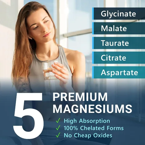 Vista 4 de MyoActivo Complejo de Magnesio 5 en 1 - Alta Absorción - Glicinato de Magnesio Quelado, Malato, Citrato, Taurato y Aspartato para Nervios, Músculos