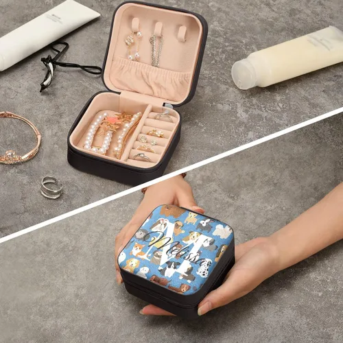 Vista 8 de Joyero de viaje personalizado para perros y cachorros, caja de joyería personalizada de piel sintética, organizador de joyas de viaje, pequeña caja