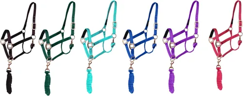 Vista 4 de Majestic Ally Cabestro con cuerda de plomo para caballos, barbilla ajustable y corona, pestillo de garganta enrollado con broche reemplazable, banda
