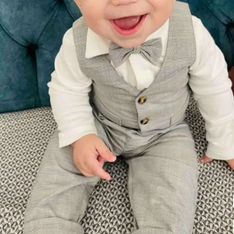 Vista 6 de Conjunto de traje de boda para niños y niñas, chaleco y corbatín, conjunto de cumpleaños de bebé para día especial, gri