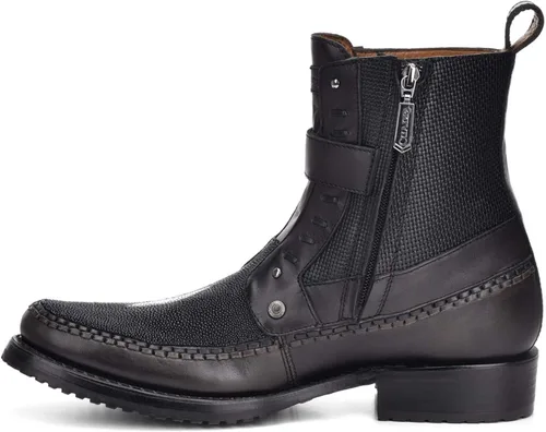 Vista 4 de Cuadra Botas para hombre en piel auténtica de rayas con cremallera negra, Negro