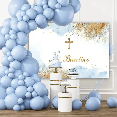 Vista 7 de Sendy Telón de fondo de 7 x 5 pies, decoración de fiesta de bautismo mexicano, Dios bendiga al niño, primera comunión, nubes de acuarela azul, fondo