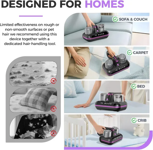 Vista 6 de Amzany Aspirador de colchón – Aspirador de cama inalámbrico 5 en 1, alimentado por tecnología ultrasónica, succión fuerte de 16 Kpa, bajo ruido