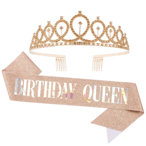 Vista 18 de CAVETEE - Juego de corona y banda de reina de cumpleaños para mujer, banda y tiara de diamantes de imitación, decoraciones de cumpleaños negras Negro