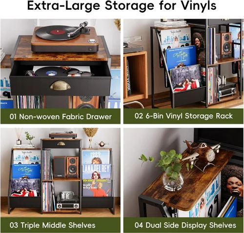 Vista 5 de JunVpic Soporte para tocadiscos con almacenamiento de vinilo, mesa de discos con soporte, estante y cajón de almacenamiento de vinilo de 6