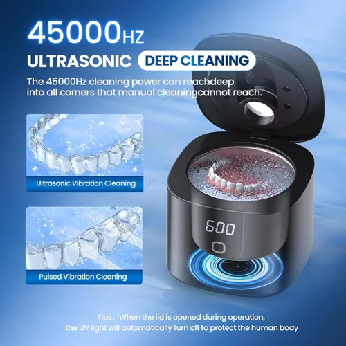 Vista 5 de Limpiador ultrasónico de retenedores, máquina limpiadora de retenedores de 45 kHz con temporizador digital de 4 modos, limpiador de dentaduras
