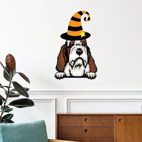 Vista 7 de Calcomanías de pared de Halloween con diseño de brujas y malinois, calcomanías de Halloween con texto en inglés "Happy Halloween" para decoración