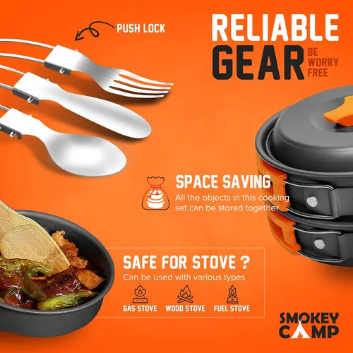 Vista 6 de Smokey Camp Camping Cookware Mess Kit Set with Stove - Backpacking Camping Pots and Pans Set, All in One Non-Stick Camping Cooking Set, Portable