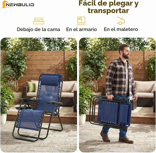 Vista 4 de NEWBULIG Juego de 2 sillas de gravedad cero, sillas reclinables plegables 3-Azul marino