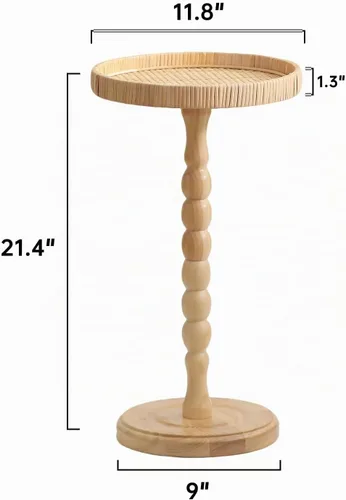 Vista 3 de Mesa pequeña para bebidas, mesa auxiliar redonda de ratán para espacios pequeños, mesa auxiliar bohemia con patas de madera maciza para sala