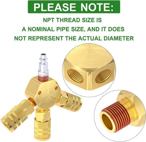 Vista 4 de TAISHER 2Pcs 3-Way 1/4 Inch NPT Hex Style Air Manifold with 3 Pieces Brass Industrial Coupler and Plug, Air Compressor Hose Accessories Quick