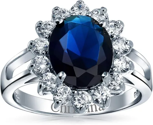 Vista 20 de Anillo de compromiso de plata de ley 925 personalizable con halo de corona ovalada de 5 a 7 quilates con circonita cúbica simulada de zafiro azul