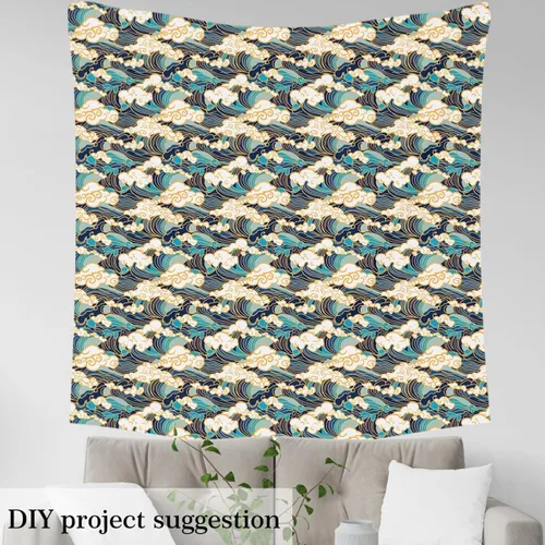 Vista 3 de Feelyou Tela de Olas del Océano por el Patio, Tela de Tapicería Japonesa Hokusai Olas para Sillas, Estilo Oriental Tradicional Náutico Marino