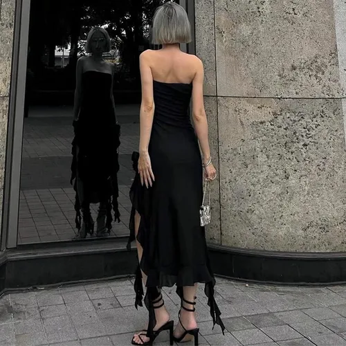 Vista 3 de Vestido sexy con borlas y volantes para mujer, sin mangas, 3D, con abertura alta, ajustado, vestido midi irregular para fiesta de club, trajes