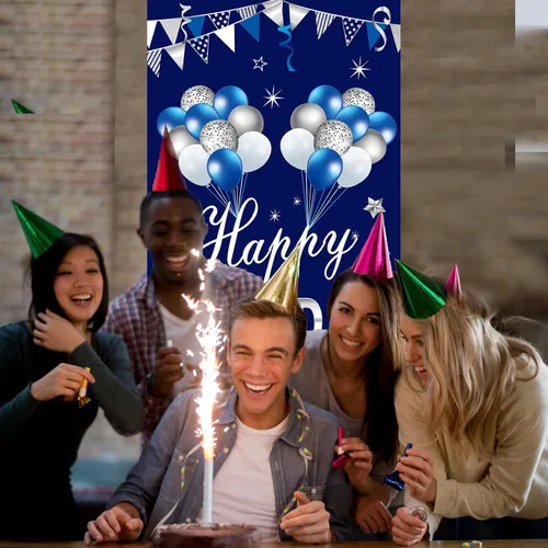 Vista 4 de Turypaty Cartel de feliz cumpleaños azul plateado para puerta para hombres y niños, suministros de fiesta de cumpleaños 16, 21, 30, 40, 50, 60