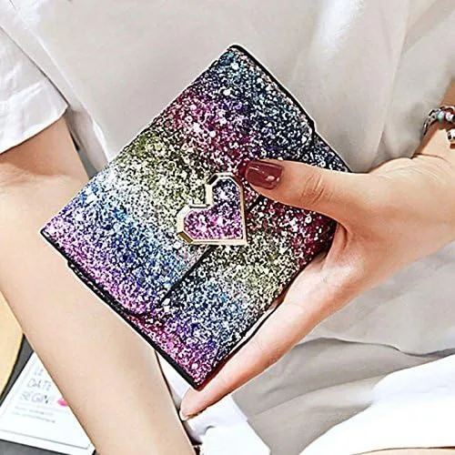 Vista 2 de Bestmaple Cartera pequeña de cuero sintético con lentejuelas de metal multicolor para mujeres y niñas, monedas, monedas, monedas, Botón de corazón.