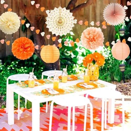 Vista 7 de Guirnalda de Corazón Beige-Naranja Melocotón para Fiesta de Otoño - 11.9M Decoraciones de Otoño Acción de Gracias Cumpleaños Boho Banderines