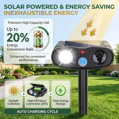 Vista 6 de Paquete de 4 repelentes solares de animales: dispositivo repelente de ciervos Sonic Fortress Pro para patio, repelente ultrasónico de gatos al aire