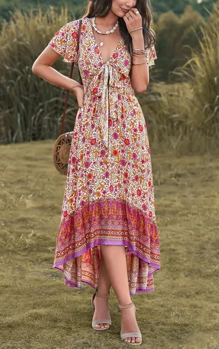 Vista 4 de PRETTYGARDEN Vestidos de verano florales bohemios con cuello en V profundo para mujer, manga corta, recortado, casual, fiesta, playa, maxi vestido