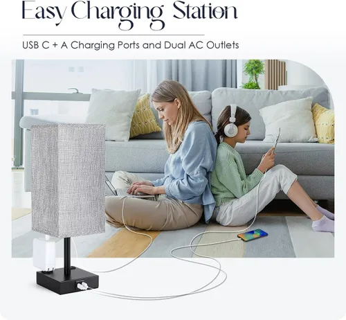 Vista 4 de Lámpara de Mesa de Noche para Dormitorio - Lámpara Pequeña Táctil con Puertos de Carga USB C+A y Tomacorrientes de CA, Luz de Mesa de Noche Gris