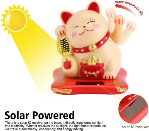Vista 3 de Maxmartt Gato de la suerte, Gato agitando, Feng Shui, alimentado por energía solar, lindo gato agitando buena suerte, riqueza, bienvenido, gatos