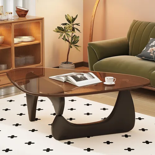 Vista 5 de Mesa de café para sala de estar, mesa central moderna de mediados de siglo con tapa de vidrio y madera, marrón/negro