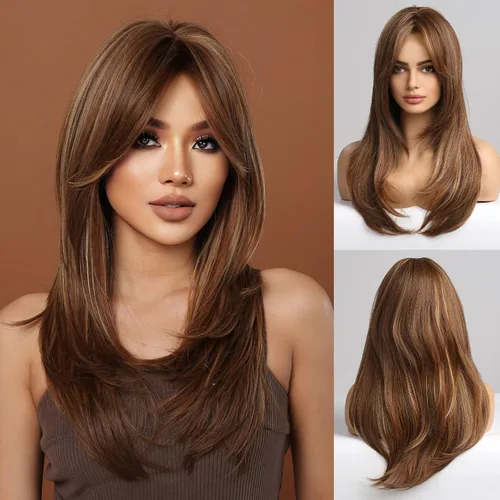 Vista 24 de HAIRCUBE Pelucas Auburn para Mujeres, Pelucas Largas en Capas Naranjas con Flequillo, Pelucas de Fibra Sintética Resistentes al Calor