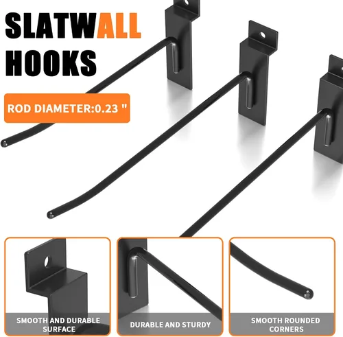 Vista 3 de Ganchos de pared de listones de 4 pulgadas, gancho de pantalla de pared de listones negros, 25 ganchos para accesorios de panel de pared de listones