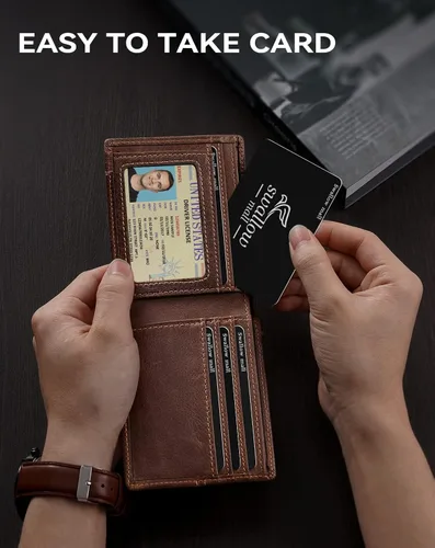 Vista 4 de Swallowmall Mens Wallet RFID-Blocking Genuine Leather Slim Bifold Wallets for Men Leather Wallets Minimalist Front Pocket ID Window 8 Cards Holders