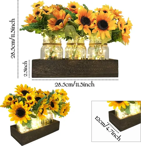 Vista 2 de SietDESEO Centro de mesa de madera con flores artificiales de girasol grande, decoración rústica de mesa para comedor, cocina, boda, decoración