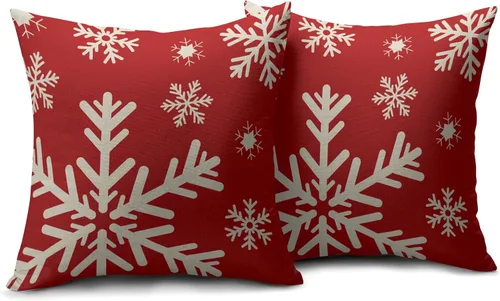 Vista 2 de Juego de 2 fundas de almohada de Navidad de 16 x 16 pulgadas, diseño de copos de nieve rojos rústicos rojos con temática de invierno, almohadas
