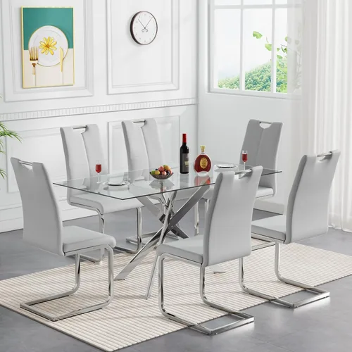 Vista 12 de SSLine Mesa de comedor moderna de cristal, rectangular de 51 pulgadas, color negro con patas de metal diseñadas en X para cocina y comedor