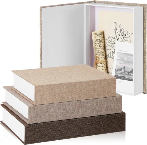 Vista 13 de Tioncy Caja de libros falsos de lino neutro, 3 piezas, decoración de imitación para decoración del hogar, estantes, mesa, tarjetas, fotos, regalo