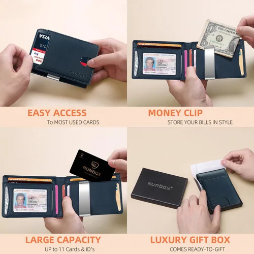 Vista 37 de RUNBOX - Carteras delgadas para hombre, cartera de piel con pinza para el dinero, cartera de bolsillo frontal con bloqueo RFID, tarjetero