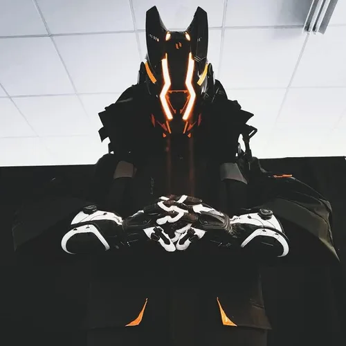 Vista 5 de pafgaf Máscara futurista Cyber Punk amarilla brillante Cyber Helmet máscara cosplay para hombres máscara tecnológica negra de cara completa Samurai