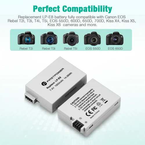 Vista 3 de FirstPower Paquete de 2 baterías LP-E8 compatibles con Canon EOS Rebel T5i, T4i, T3i, T2i, EOS 550D, 600D, 650D, 700D, Kiss X4, Kiss X5, Kiss X6