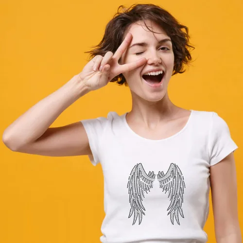 Vista 6 de SUPERDANT Diamantes de imitación para planchar con alas de ángel para ropa, calcomanías de transferencia de calor de cristal, parches de diamantes