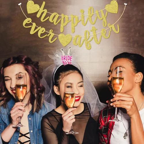 Vista 7 de Cartel de Happy Ever After, decoración de compromiso con purpurina dorada para despedida de soltera, fiesta de boda, fotomatón, banderines cursivos