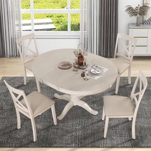 Vista 3 de JUSTONE Juego de mesa de comedor redonda de 5 piezas para 4, mesa redonda extensible con 4 sillas modernas con respaldo cruzado, juego de mesa