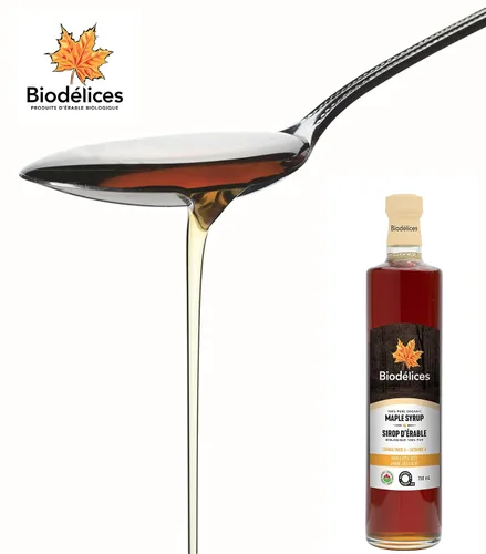 Vista 4 de Biodélices - Jarabe de arce - Botella de vidrio - 25.4 fl oz - Jarabe de arce puro de Quebec, Canadá