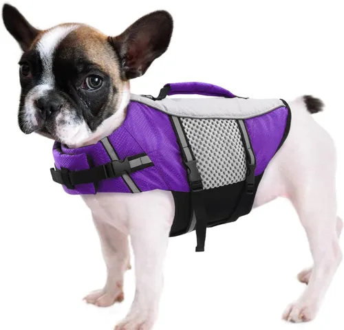 Vista 12 de Chaleco salvavidas para perros, chaleco de natación, ligero, altamente reflectante, para mascotas, con asa de elevación y anillo para correa