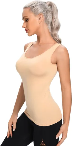 Vista 2 de Camisetas sin mangas para mujer, sin costuras, color negro, blanco, gris, nude