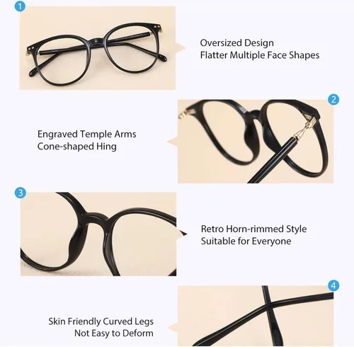 Vista 4 de Firmoo - Lentes de bloqueo de luz azul de gran tamaño, antideslumbramiento, antirreflejos, unisex, redondos, lentes para computadora, Negro, L
