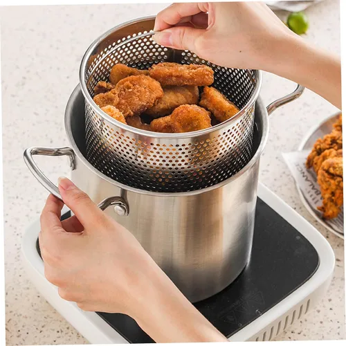 Vista 5 de Olla para freír con cesta, olla de 3.5 litros de acero inoxidable pequeña freidora profunda con mango antiquemaduras olla de pescado y cesta
